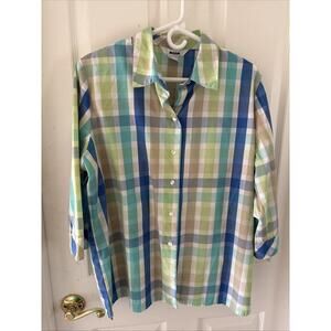 Alia Women’s Blouse Size L Plaid 3/4 Sleeves Button Front 100% Cotton